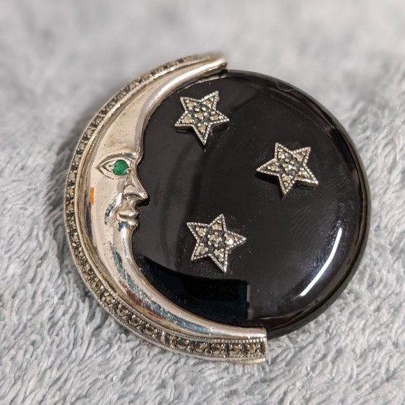 Jewelry - Vintage Black Onyx Sterling Silver Moon/Stars Brooche